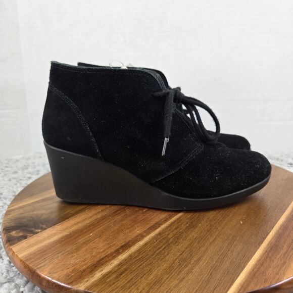 Crocs Leigh Black Suede Lace Up Casual Wedge Heel Ankle Bootie Boot Womens 6.5 - Picture 4 of 13